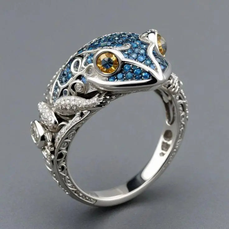 Vintage Blue Glossy Frog Ring in Sterling Silver 0