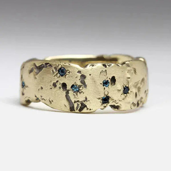 Vintage Golden Forged Ring with Blue Inlay Crystal 0