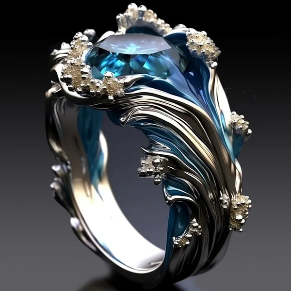 Vintage Ocean Wavy Crystal Ring 0