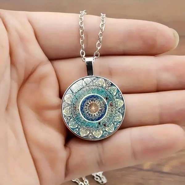 Vintage Round Blue Mandala Necklace 0