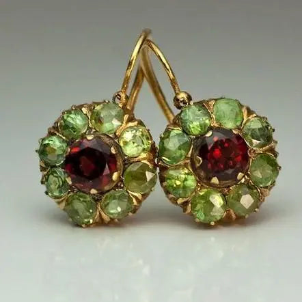 Vintage Rounded Green & Red Crystal Earrings 0