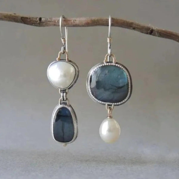 Vintage blue natural stone with pearl earrings 0