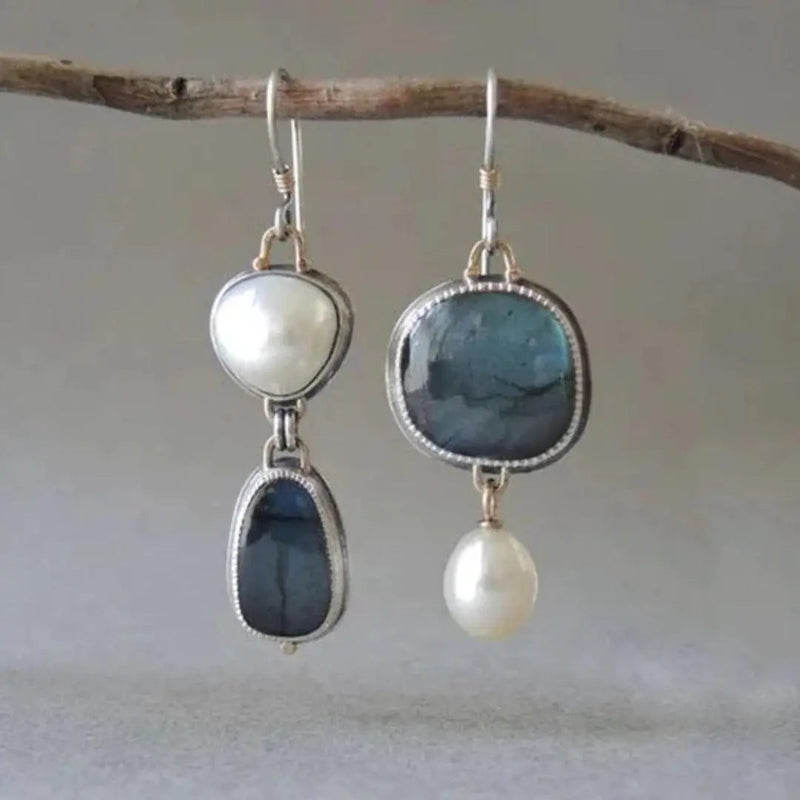 Vintage blue natural stone with pearl earrings 0