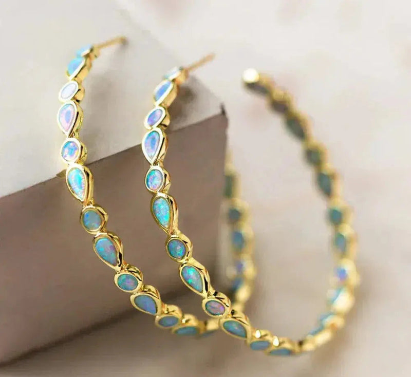 Vintage blue opal golden hoop earrings 0