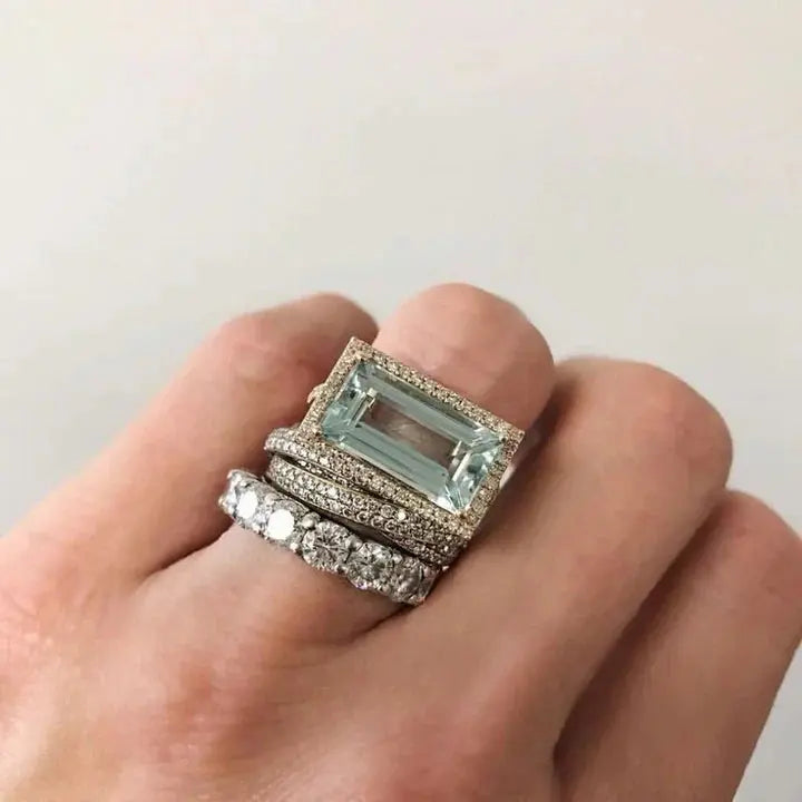 Vintage silver turquoise glass ring set 0